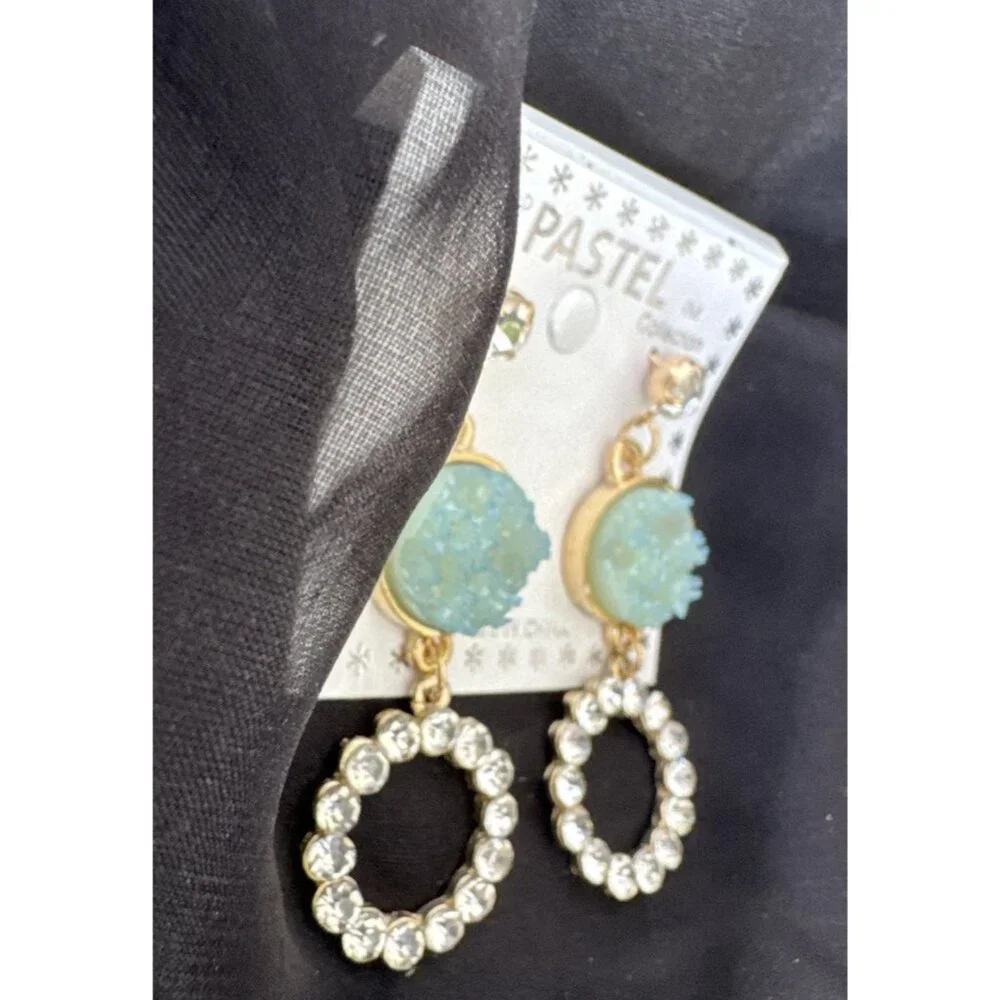 Pastel Faux Blue Green Stone Crystal Gold Rhinestone Earrings Dangle Drop NEW